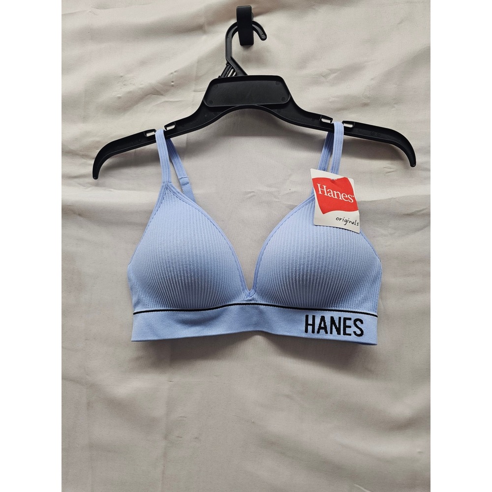 Hanes Originals Womens Ribbed Wirefree Bralette Blue Nylon Blend Size Medium